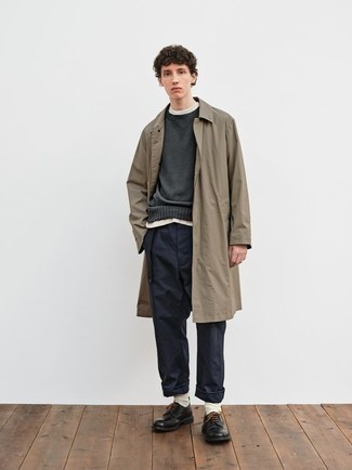 Navy Chinos Outfits: This pairing of a tan raincoat and navy chinos is indisputable proof that a pared down casual getup can still look really interesting. Add black leather derby shoes to the equation to completely spice up the outfit.