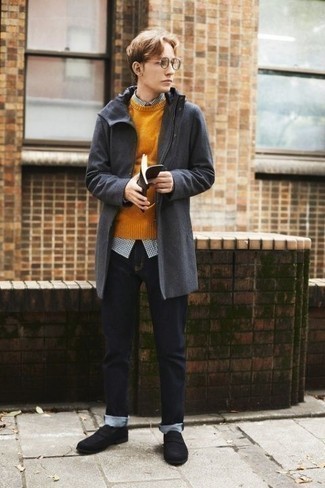 Men's Charcoal Raincoat, Orange Crew-neck Sweater, White and Navy Check Long Sleeve Shirt, Navy Jeans