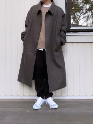 Tobacco Coat Outfits For Men: For something more on the off-duty side, opt for this combination of a tobacco coat and black chinos. Not sure how to complete this ensemble? Rock a pair of white canvas low top sneakers to polish it up.