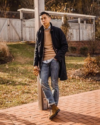 Brown Suede Casual Boots Outfits For Men: This pairing of a black raincoat and blue jeans is great for casual occasions. For maximum style, add brown suede casual boots to the equation.