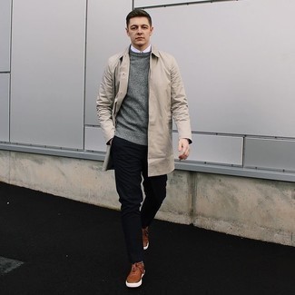 Black Pants with Brown Shoes Outfits For Men: Why not consider pairing a beige raincoat with black pants? These items are very practical and will look great when worn together. Add a pair of brown leather low top sneakers to this outfit to instantly shake up the getup.