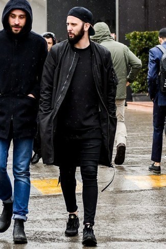 Black Athletic Shoes Outfits For Men: Why not team a black raincoat with black skinny jeans? Both of these items are totally practical and will look nice married together. Add black athletic shoes to the equation to make a mostly dressed-up getup feel suddenly fun and fresh.