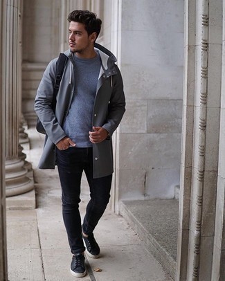 Grey Raincoat Outfits For Men: A resounding yes to this off-duty combination of a grey raincoat and navy skinny jeans! All you need is a pair of black leather low top sneakers.