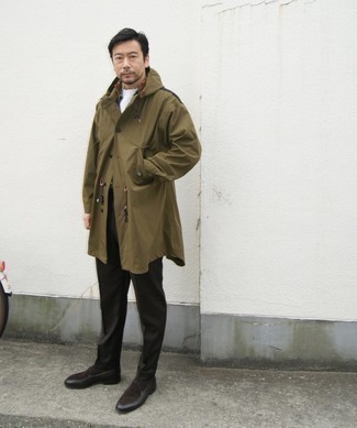 Men's Olive Raincoat, White Crew-neck T-shirt, Black Chinos, Dark Brown Leather Loafers