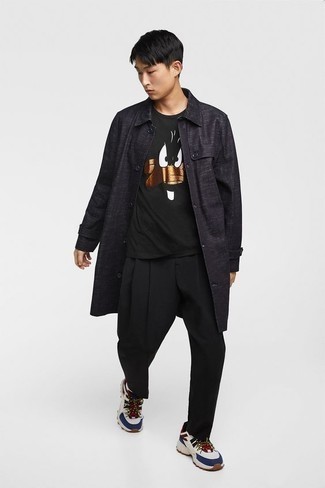 Men's Black Raincoat, Black Print Crew-neck T-shirt, Black Chinos, White and Red and Navy Athletic Shoes