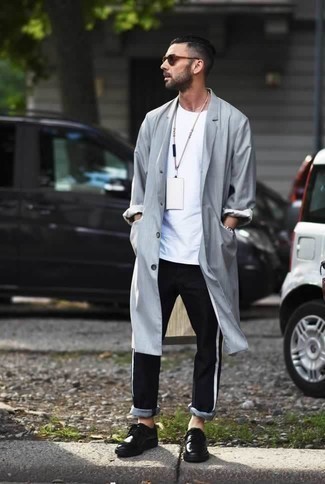 Grey Raincoat Outfits For Men: If you don't take fashion too seriously, go for casually cool style in a grey raincoat and black and white chinos. Go ahead and complement this ensemble with a pair of black leather derby shoes for a touch of refinement.