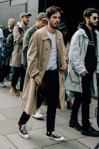 Beige Raincoat Outfits For Men: One of the coolest ways for a man to style out a beige raincoat is to pair it with black chinos for a casual getup. Got bored with this look? Introduce black print canvas high top sneakers to mix things up a bit.
