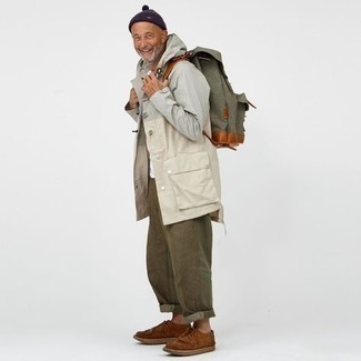 Men's Beige Raincoat, White Crew-neck T-shirt, Olive Chinos, Brown Suede Boat Shoes