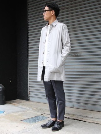 Charcoal Chinos Outfits: If you wish take your off-duty game up a notch, go for a white raincoat and charcoal chinos. Inject this look with an added touch of sophistication by wearing black leather oxford shoes.