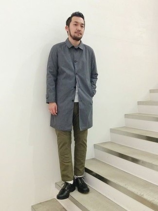 Men's Grey Raincoat, White Crew-neck T-shirt, Olive Chinos, Black Leather Derby Shoes