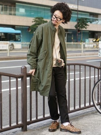 Olive Raincoat Outfits For Men: To achieve a casual outfit with a modern twist, opt for an olive raincoat and black chinos. Amp up the formality of this outfit a bit by rounding off with a pair of tan print leather derby shoes.