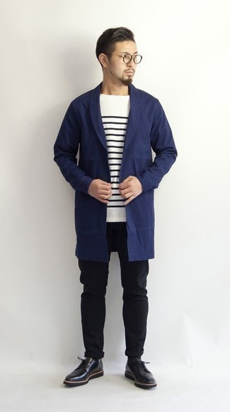 Navy Raincoat with Black Chinos Smart Casual Warm Weather Outfits: This pairing of a navy raincoat and black chinos is very easy to put together and so comfortable to wear a variation of as well! Why not take a dressier approach with footwear and introduce a pair of black leather derby shoes to your look?