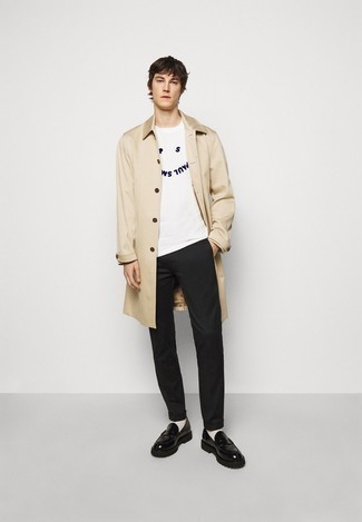 Men's Beige Raincoat, White and Navy Print Crew-neck T-shirt, Black Chinos, Black Leather Loafers