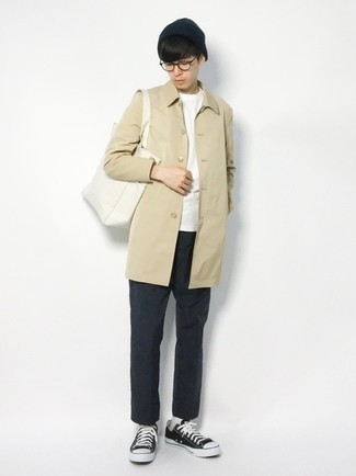 Beige Raincoat Outfits For Men: To put together an off-duty ensemble with a modern spin, choose a beige raincoat and black chinos. Add black and white canvas low top sneakers to the mix for maximum style.