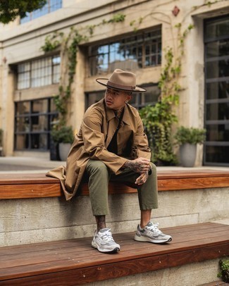 Grey Athletic Shoes Outfits For Men: Combining a tan raincoat with olive chinos is an amazing pick for a laid-back but stylish look. Grey athletic shoes will give an easy-going vibe to an otherwise all-too-safe ensemble.