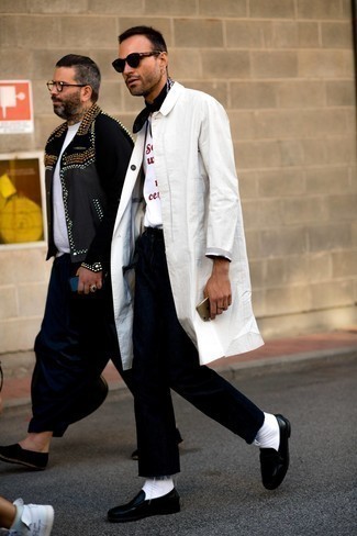 Men's White Raincoat, White and Red Print Crew-neck T-shirt, Black Jeans, Black Leather Loafers