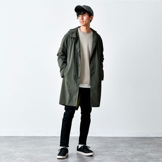 Charcoal Baseball Cap Outfits For Men: This is irrefutable proof that a dark green raincoat and a charcoal baseball cap look amazing when combined together in an urban ensemble. Add a pair of black canvas low top sneakers to your look to easily kick up the classy factor of any ensemble.
