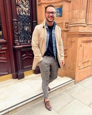 Beige Raincoat Outfits For Men: This laid-back combo of a beige raincoat and grey plaid chinos is a tested option when you need to look stylish but have zero time. Puzzled as to how to complement your outfit? Wear brown leather loafers to boost the classy factor.