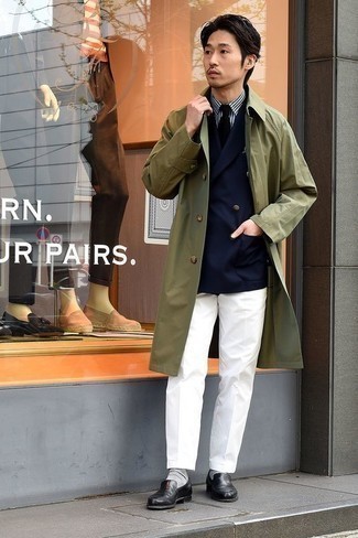 Dark Green Raincoat Outfits For Men: You'll be surprised at how very easy it is to get dressed like this. Just a dark green raincoat and white dress pants. Grab a pair of black leather loafers to mix things up a bit.