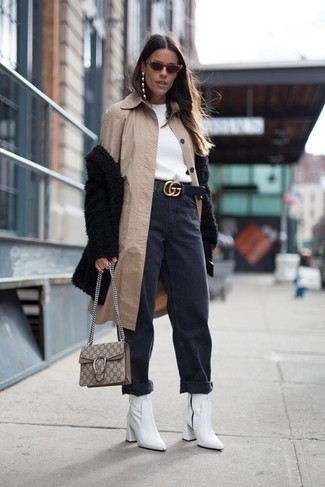 White Leather Ankle Boots Outfits In Their 20s: For a cool and relaxed outfit, consider pairing a black fur coat with black boyfriend jeans — these pieces fit pretty good together. For something more on the dressier end to complement your outfit, add a pair of white leather ankle boots to the mix.