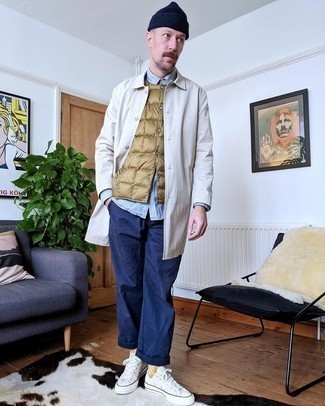 Men's White Raincoat, Tan Quilted Gilet, Light Blue Chambray Long Sleeve Shirt, Navy Chinos