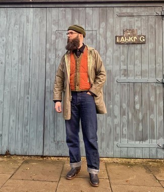 Orange Gilet Outfits For Men: Putting together an orange gilet with navy jeans is a savvy choice for a casual but seriously stylish outfit. Introduce dark brown leather chelsea boots to your look for an extra touch of polish.