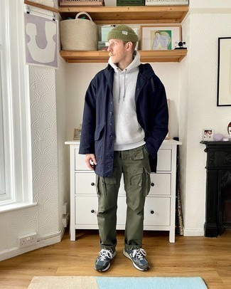 Men's Navy Raincoat, Grey Hoodie, Olive Cargo Pants, Navy and White Athletic Shoes