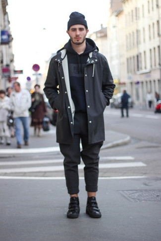 Black Raincoat Outfits For Men: For comfort dressing with a clear fashion twist, you can opt for a black raincoat and black chinos. Rounding off with a pair of black leather high top sneakers is a surefire way to inject an easy-going vibe into your look.