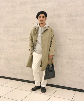 Tan Coat Outfits For Men: For relaxed dressing with a modern take, try pairing a tan coat with white chinos. Make a bit more effort now and complement your ensemble with black leather driving shoes.