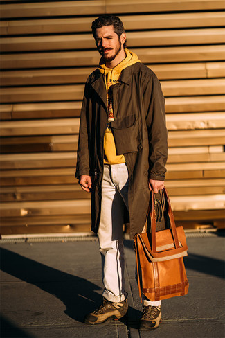 Mustard Hoodie Outfits For Men: If the situation allows laid-back styling, try pairing a mustard hoodie with beige chinos. To give this ensemble a more laid-back touch, why not complete this outfit with brown leather work boots?