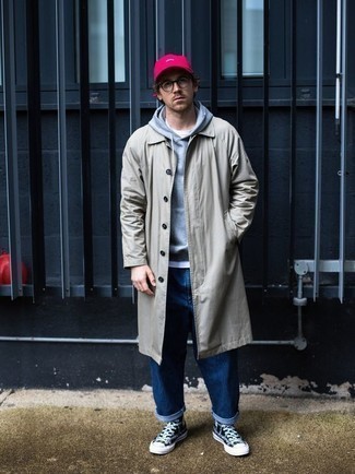 Grey Hoodie Outfits For Men: To achieve a laid-back getup with a fashionable spin, you can rely on a grey hoodie and navy jeans. When it comes to footwear, go for something on the casual end of the spectrum and finish off this getup with a pair of navy print canvas high top sneakers.