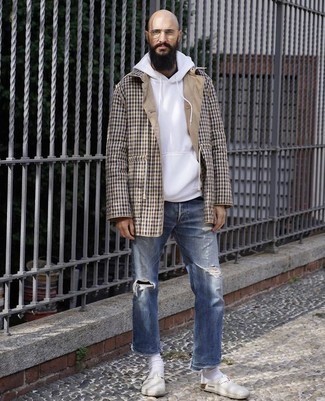 White Hoodie Outfits For Men: This combo of a white hoodie and blue ripped jeans is the perfect base for a neat and relaxed ensemble. Get a little creative on the shoe front and dress up this ensemble by finishing off with a pair of white suede loafers.