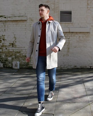 Grey Raincoat Outfits For Men: Dress in a grey raincoat and blue jeans for a hassle-free outfit that's also well put together. Feeling experimental today? Dress down this outfit by slipping into black print canvas high top sneakers.