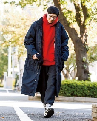 Men's Navy Raincoat, Red Hoodie, Black Sweatpants, Black and White Athletic Shoes