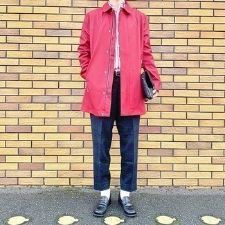 Men's Red Raincoat, White and Red Vertical Striped Long Sleeve Shirt, Navy and Green Plaid Chinos, Black Leather Loafers