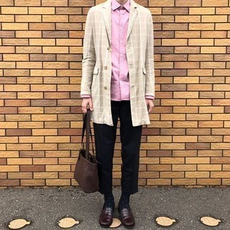 Men's Beige Check Raincoat, Pink Long Sleeve Shirt, Black Chinos, Dark Brown Leather Loafers