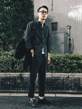 Black Raincoat Outfits For Men: Marry a black raincoat with black chinos for a no-nonsense menswear style that's also put together. Add a pair of black leather monks to the mix to instantly boost the wow factor of your look.