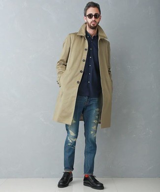 Men's Tan Raincoat, Navy Long Sleeve Shirt, Blue Ripped Jeans, Black Leather Derby Shoes