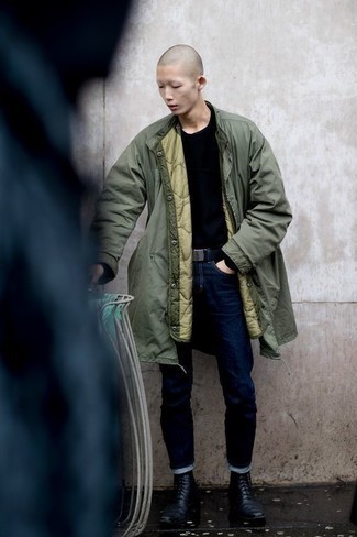 Olive Raincoat Outfits For Men: Make an olive raincoat and navy jeans your outfit choice for a casual look with a clear fashion twist. To introduce some extra classiness to this ensemble, add a pair of black leather casual boots to the equation.