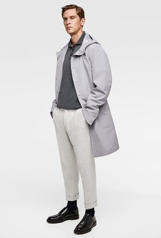 Grey Raincoat Outfits For Men: Such items as a grey raincoat and grey chinos are the perfect way to inject understated dapperness into your current off-duty lineup. Black leather loafers will bring an added dose of refinement to an otherwise too-common outfit.