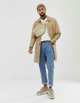Beige Canvas Fanny Pack Outfits For Men: If you like modern casual pairings, then you'll love this combination of a tan raincoat and a beige canvas fanny pack. Grey athletic shoes pull the ensemble together.