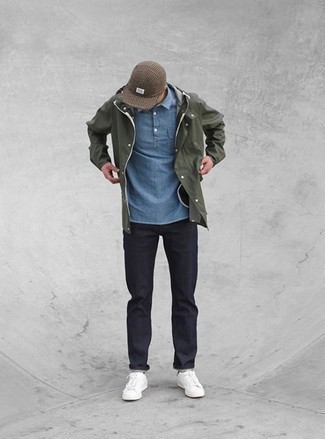 Light Blue Chambray Polo Outfits For Men: Putting together a light blue chambray polo with navy jeans is an awesome idea for a casual yet seriously stylish outfit. Add a pair of white canvas low top sneakers to this look et voila, the getup is complete.