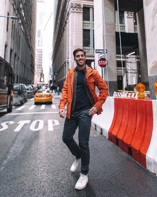 Orange Coat Outfits For Men: This pairing of an orange coat and black chinos is ideal for most casual situations. And if you wish to effortlessly step up your outfit with footwear, why not introduce white canvas high top sneakers to this outfit?