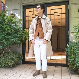 Brown Leather Desert Boots Outfits: For a sharp look without the need to sacrifice on functionality, we love this combination of a beige raincoat and white jeans. Add a more refined twist to an otherwise mostly dressed-down ensemble by slipping into brown leather desert boots.
