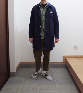 Navy Raincoat Outfits For Men: If you like laid-back style, why not dress in a navy raincoat and brown corduroy chinos? Add a pair of black and white check canvas slip-on sneakers to the mix et voila, your getup is complete.