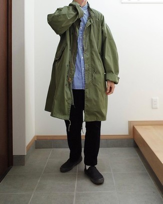 Men's Olive Raincoat, White and Navy Vertical Striped Short Sleeve Shirt, Black Chinos, Black Canvas Slip-on Sneakers