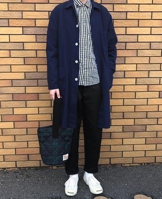 Men's Navy Raincoat, Black and White Gingham Short Sleeve Shirt, Black Chinos, White Canvas Low Top Sneakers