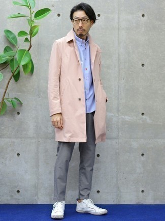 Pink Coat Outfits For Men: Wear a pink coat with grey chinos to feel instantly confident and look stylish. Inject a hint of polish into your look by slipping into a pair of white canvas low top sneakers.