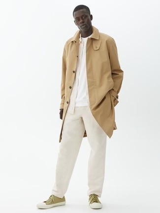 Beige Chinos Outfits: Opt for a tan raincoat and beige chinos to exhibit your styling prowess. As for footwear, introduce olive canvas low top sneakers to your look.