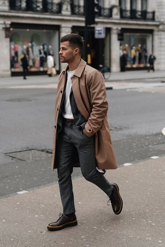 Dark Brown Leather Derby Shoes Fall Outfits: Opt for a tan raincoat and a charcoal wool suit for a neat refined outfit. You could stick to a more classic route when it comes to footwear by finishing off with a pair of dark brown leather derby shoes. We love how ideal this getup is when chillier weather hits.